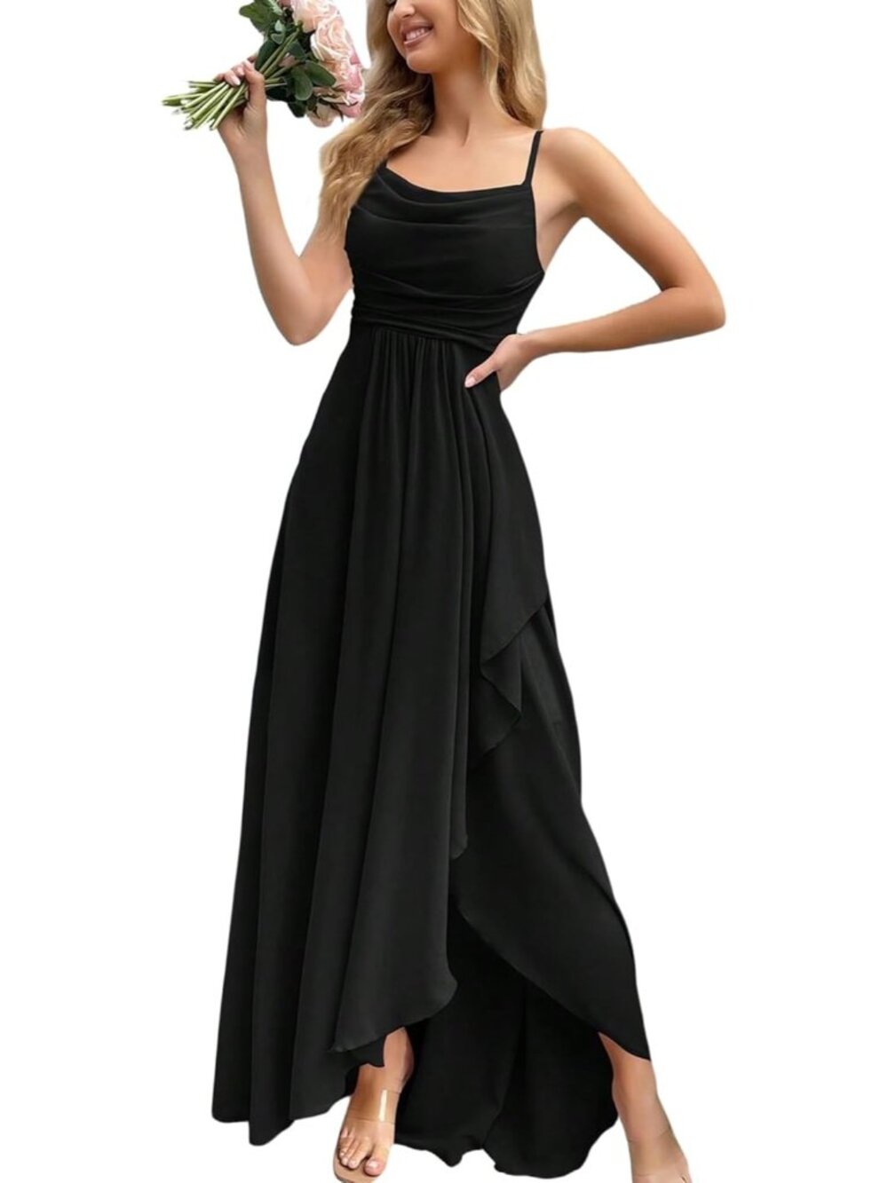 Women's Black Cowl Neck Spaghetti Strap Cocktail Bodycon Maxi Dress
